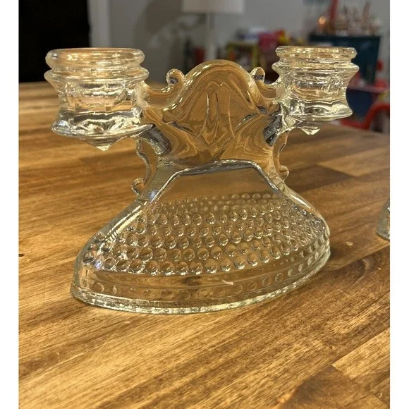 MCM GLASS Candle Holders Hobnail Glass Double Taper MCM LE Smith Vintage X2 - Picture 3 of 7